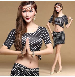 White black polka dot printed short sleeves round neck women's ladies female sexy fashion competition performance professional belly dance costumes outfits dresses with diamond waist chain sashes